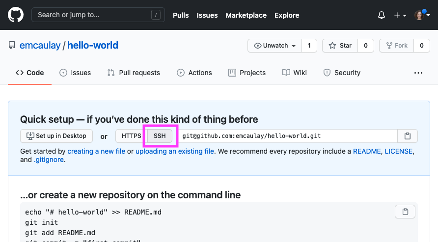 The repository set up page in GitHub showing the SSH address to use.