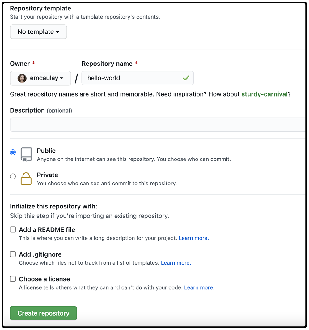 The 'create a new repository' form on GitHub
